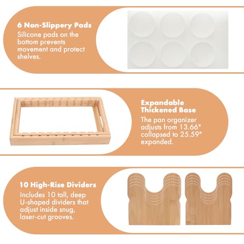 MEKER Pot Lid Holders, Cabinet Organizer for Food Contanier Lid, Bamboo Expandable Bakeware for Under Cabinet, Adjustable Dividers, Pot Lids Holder Rack, Cookie Sheet Baking Pan, Tray Organizer, 10PCS