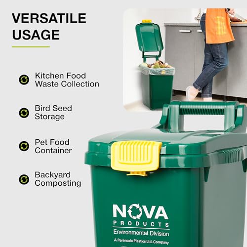 Nova Products 7 Gallon (32L) Multi-Purpose Storage Bin with Lid | Compact HDPE Container for Organic Waste, Pet Food, Road Salt | Easy to Clean Design with Side & Bottom Handles | Indoor&Outdoor Use