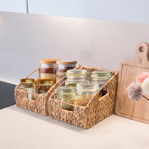 KOKODO 2-Pack Open Front Pantry Baskets, Handwoven Water Hyacinth Wicker Storage Baskets with Built-in Handles, Organizing Bins for Shelves - color: Open Front - Set 2