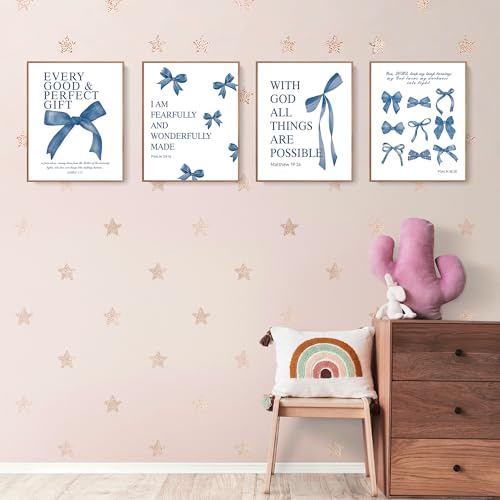 LARTSFRO Coquette Navy Blue Bow Wall Art Decor Posters, Navy Blue Bow Room Bedroom Bathroom Dorm Wall Art Decor Aesthetic for Teen Girls Gifts, Inspirational Bible Verses Bow Wall Decor, 10x8 Inch Set of 4 Pcs Bow Pictures (UNFRAMED) - color: Navy blue bo