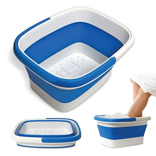 Mantello Collapsible Foot Bath Foot Soaking Tub | Portable Foot Spa Pedicure Bowl | Large Basin to Soak & Wash Feet | Folding Bucket with Carry Handle | White & Grey, Blue, Green [Blue] - color: Collapsible Tub Blue