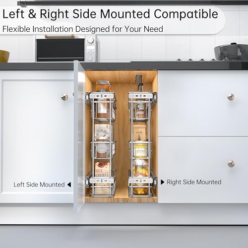 JOWBOOW Narrow Pull Out Cabinet Organizer, 4" Skinny Side Mount Spice Rack for Frameless Cabinets, Heavy Duty 3-Tier Zero Wobble Slide Out Shelf - size: 4"W Side-Mount (Frameless ONLY!)