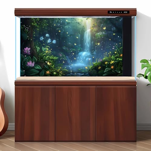 Fantasy Forest Aquarium Background Waterfall Cascades Tranquil Pool Fish Tank Background Vibrant Flora Fluttering Butterflies Reptile Tank Backgrounds Enchanted Oasis Terrarium Backgrounds 24x12in - color: Green, size: 24(W)x12(H)inches/ 60(W)*30cm(H)