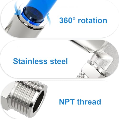 2Pcs 304 Stainless Steel Male Elbow 1/4" Tube OD x 1/4" NPT Thread Push to Connect Air Fittings,90 Degree Push Lock Pneumatic Connector for Air Compressor Air Horn