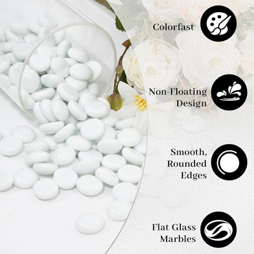 White Flat Glass Marbles, 0.97 lb Vase Filler Pebbles Gems, Decorative Glass Beads for Vases, Crafts, Floral, Mancala Stones, Aquarium Rocks for Fish Tank, 0.6"-0.8" (Approx. 80-100 PCS) - color: White