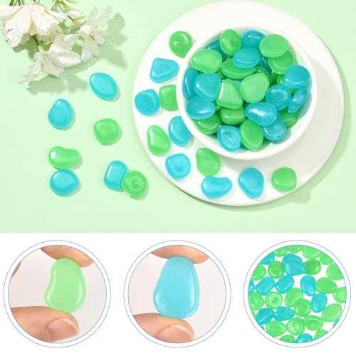 1 Box 100Pcs Glow in The Dark Rocks Glowing Resin Pebbles Aquarium Gravel Fish Tank Decor Blue Garden Stones for Outdoor Landscaping Walkway Driveway Pot Plant Bonsai Fairy Garden Night Decor - color: Blue, Green