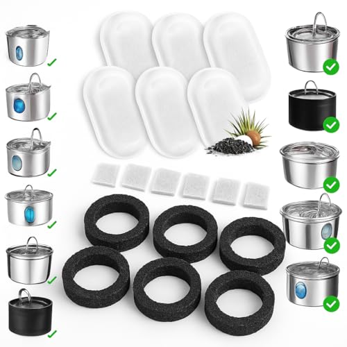 Fountain Filter Replacement Set – 18 Pack (6 Carbon Filters + 6 Pump Sponges + 6 Pre-Filters) – Compatible with Stainless Steel Cat & Dog Water Fountains – BPA-Free, Triple Filtration