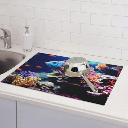 Dish Drying Mat for Kitchen Counter Super Absorbent Microfiber Kitchen Drying Mat Coral Reef Fish Aquarium Non-slip Drainer Mats Extra Large Dish Rack Pad Kitchen Accessories 18"x24"