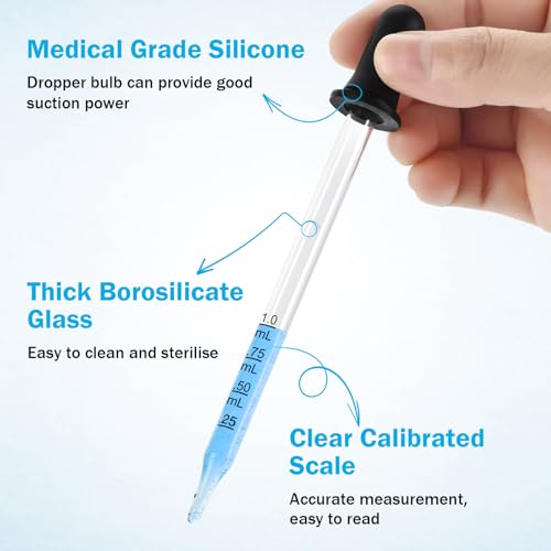 Herain 8 Pack Glass Pipette Eye Dropper, 4 Long Bent & 4 Short Straight Tips, 1 ml Ear Droppers for Essential Oils, Lab, Crafts, Measuring and Transferring a Variety of Liquids - style: Large Rubber Bulb-8pcs-Long Bent Short Straight