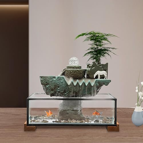 Desktop Water Fountains Indoors with LED Light, Eco Fish Tank for Home Office Decor, Rockery and Aquariums Water Fall Indoor for Living Room Office Deco, Relaxing Desktop Waterfall(16 * 8 * 5in)