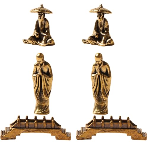 Acxico 6PC Brass Micro-Landscape Ornaments, Depicting Jiang Taigong Fishing, Fisherman's Small Bridge, Monk, with Miniature Fish Tank Decorations