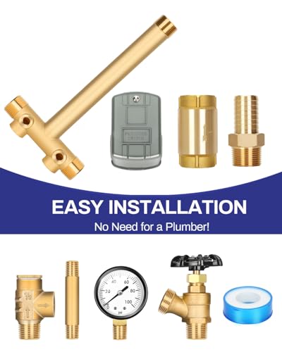 1"x 11"Well Pressure Tank Tee Kit with 40-60Psi Pressure Switch, Ball Valve, Pressure Gauge, Relief Valve, Drain Valve, Check Valve, Male Adapter, Well Tank Tee Kit for Tank with Diameters Up to 16"