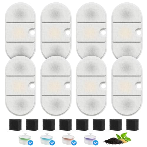 8 Pack Cat Water Fountain Filter Replacement for PLWF002 71oz/2.1L Capsule Pet Water Fountain with 8 Pre-Filter Sponges, Pet Fountain Filter Replacement with Four Filtration System, BPA-Free - size: 8 Filters+8 Sponges