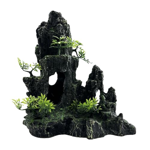 Large and Tall Fish Tank Decorations Aquarium Mountain View Stone Decorations Resin Rock Aquascaping with Hiding Cave, Fish Tank Accessories Aquarium Ornaments with Small Plants (E) - color: E