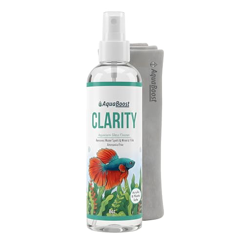 Aquarium Glass Cleaner - Streak-Free, Removes Water Spots & Mineral Deposits, Ammonia-Free, Safe for Acrylic & Plastic, 8oz Spray Bottle with Microfiber Cloth