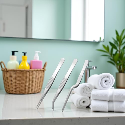 3Pcs Silver Stainless Steel Tweezers Set - 6.22" to 6.4" Multi-Purpose Precision Tools for Gardening, Kitchen and More