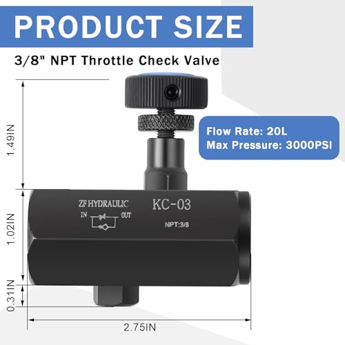 2 Pcs Hydraulic Flow Control Valve KC-03 3/8" NPT Threaded Throttle Check Valve 3000PSI Carbon Steel Hydraulic