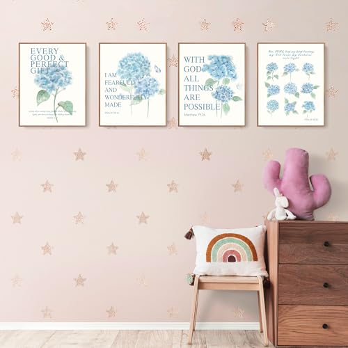LARTSFRO Hydrangea Floral Bible Wall Art Decor Posters, Blue Floral Spring Christian Room Bathroom Bedroom Dorm Wall Art Decor Aesthetic for College Teen Girls Gifts, Inspirational Bible Verses Wall Decor, 10x8 Inch Set of 4 Pcs Hydrangea Pictures (UNFRAM