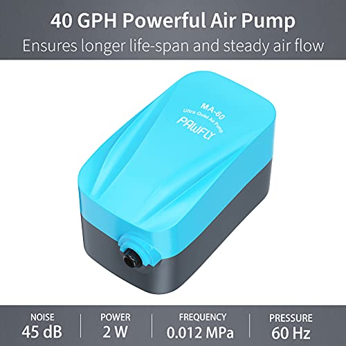 Pawfly Aquarium Compact Air Pump 15-40 GPH Quiet Oxygen Pump for 3-20 Gallon Fish Tanks Aerator Pump with Air Stone Disc Nano Bio Sponge Filter Airline Tubing and Check Valve Accessories - style: With Air Stone Disc