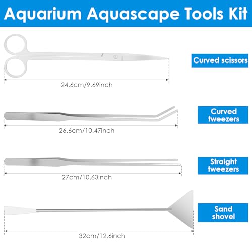 4 in 1 Aquarium Aquascape Kits Long 12 Inch Stainless Steel Aquatic Plant Aquascaping Tool Extra Long Aquascape Tools Sets Flexible for Fish Tank Cleaning Plant