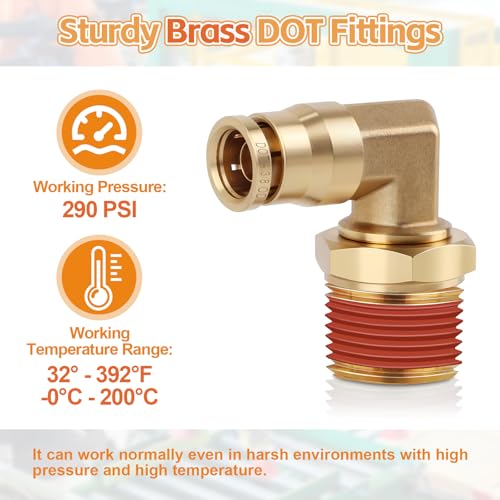 6PCS DOT Quick Push to Connect Brass Air Brake Fitting, Kalolary Brass 90 Degree Elbow DOT Line Fittings 3/8"OD×1/2"NPT Thread Air Brake Line Fittings Air Suspension Kit Air Hose Repair Kit - size: 90° Elbow 3/8"OD ×1/2"NPT