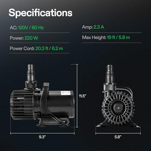 VIVOSUN 4500 GPH Submersible Water Pump, 220W Pond Pump, Ultra Quiet Aquarium Pump with 19FT. Lift Height for Pond Waterfall, Fish Tank, Statuary, or Hydroponics - size: 220W without Barrier Bag