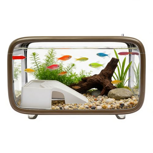 3.2 Gallon Plastic Fish Tank, Small Aquarium for Betta Fish Shrimp & Aquatic Plants, Shatterproof Mini Habitat with Clear Clarity, Desktop Decor for Home Office Plants Succulents (Brown) - color: Brown