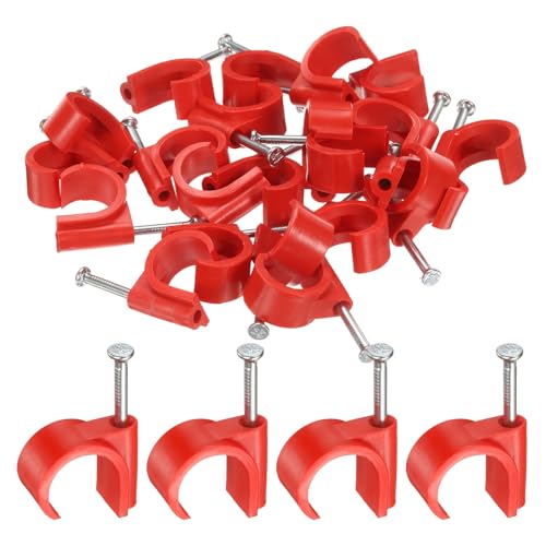 HARFINGTON 50pcs Cable Clips with Nail 20mm Circular Single Hook Half Clamp J-Hook with Nail Cord Clips for Wires on Wall for Ethernet Tacks Coax Pex Tubing Pipe Support, Red - color: Red, size: 20mm
