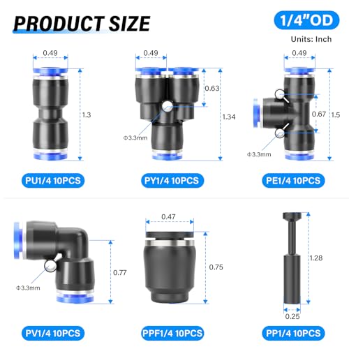 TAILONZ PNEUMATIC 1/4 Inch od Push to Connect Fittings Pneumatic Fittings Kit 10 Spliters+10 Elbows+10 tee+10 Straight+10 PPF+10 PP (60 pcs)