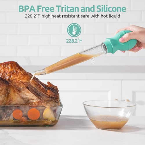 U-Taste 1.5oz Angled Turkey Baster - 228.2℉ Heat Resistant Food Grade Tritan and Silicone Large Octopus Bulb Baster Set with Cleaning Brush for Cooking Basting Meat Poultry Beef Chicken (Aqua Sky) - color: Aqua Sky