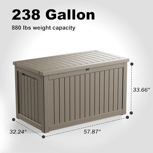 ROJIK Outdoor Storage Housing Deck Box - Waterproof Patio Furniture, Garden Tools, Cushions, Pool Accessories Storage Bench with Lockable Lid and Side Handles (Grey 238 Gal) - color: Grey, size: 238 Gallon