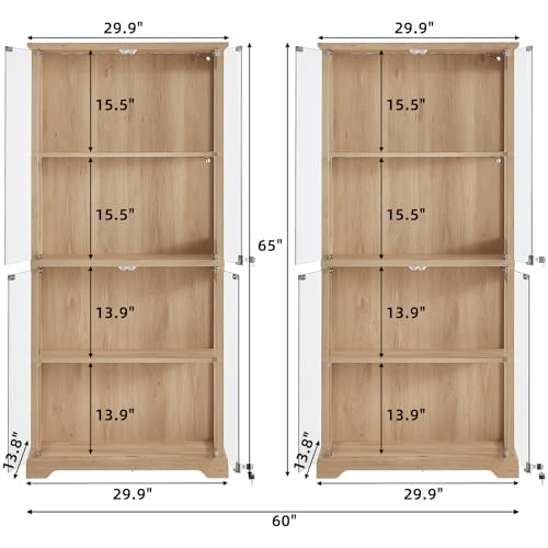 LELELINKY Farmhouse Glass Display Cabinet Set of 2 with Doors, Wooden Curio Cabinet for Collectibles with 3-Color LED Motion-Sensor Light & Reinforced Base, Natural - color: Natural, size: Set of 2