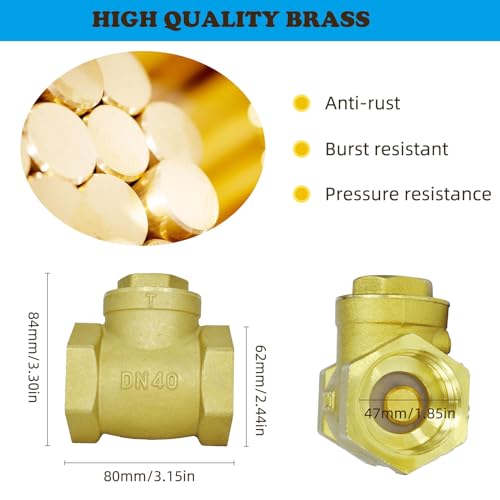1-1/2"NPT Swing Brass Check Valve DN40, 1-1/2NPT Female Thread Horizontal One Way Valve to Prevent Water Backflow for Sump Pump and Air Compressor - size: 1-1/2inch（DN40）
