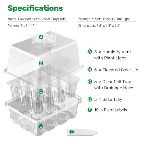 Bonviee 10 Packs Seed Starter Tray with Elevated Lid, 120 Cells Thicken Seed Starting Trays Kit with Adjustable Humidity Vent, Clear Cell Tray and Heightened Lids for Greenhouse & Gardens, Clear - color: Clear, size: 10 Packs, NO light