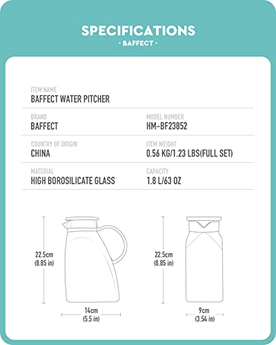 Baffect Water Pitcher, High Borosilicate Glass Jug with Stainless Steel Lid, Leakproof Fridge Door Carafe for Hot or Cold Beverage (1.8 L/63 oz.) - style: Hammer Pattern