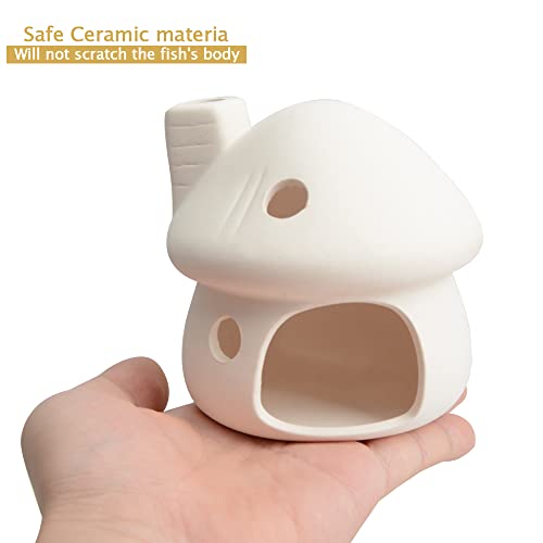 Aquarium Decor Ceramic Mushroom House Ornament Fish Tank Landscape Decoration Pottery Hide Cave Habitat Hut Small Shrimp for Goldfishes to Rest Breed Hiding (White) - color: White a