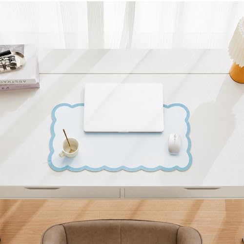 Scalloped Desk Mat, 23.6" x 11.8" Cute Small Aesthetic Desk Accessories, PU Leather Computer Laptop Desk Mouse Keyboard Pad, Desk Writing Mat for Vanity/Work/Home Decor, Blue - color: Blue, size: 23.6" x 11.8"