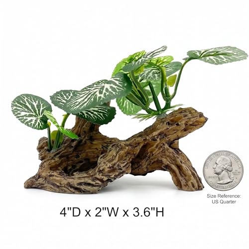 Aquarium Driftwood Decor 4 Inch - Resin Driftwood with Silk Plant Leaves, Fish Tank Decoration for Betta, African Dwarf Frog, Shrimp Hideout