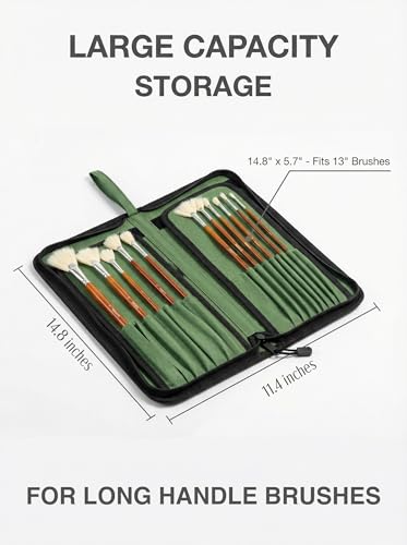 DUGATO Long Canvas Paint Brush Holder Zippered 5.7x14.8 inch, Premium Art Case for Brushes Long Handle up to 13" Length, 15 Slots Storage for Artist (Brush Not Included) - Green - color: Green, size: Large 5.7x14.8 inches