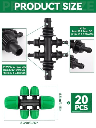 Kalolary 20PCS Locked Barbed Tee Connectors, 5/16" to 1/4" Drip Irrigation Fittings Kit 8/12mm to 4/7mm Tube Lock Female Connector 6-Way Barbed Lock Irrigation Parts for Watering System (Green) - color: Green 5/16" to 1/4" 6-Way