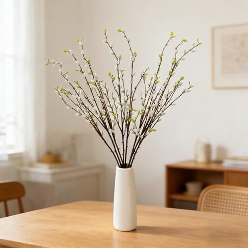 4 Pcs 37.8Inch Artificial Pussy Willow Branches for Vases 8 Branches Long Stem Faux Pussy Willow Stems for Home Office Kitchen Wedding Bridal Party Indoor Outdoor Table Vase Filling Decor - color: 37.8inch White, size: 4 PCS