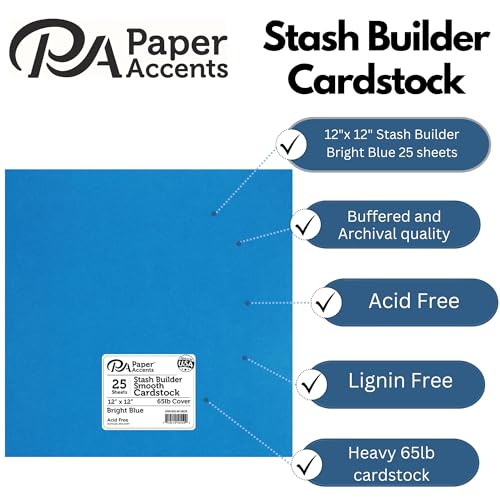 PA Paper Accents Stash Builder Cardstock 12" x 12" Bright Blue, 65lb colored cardstock paper for card making, scrapbooking, printing, quilling and crafts, 25 piece pack - color: Bright Blue