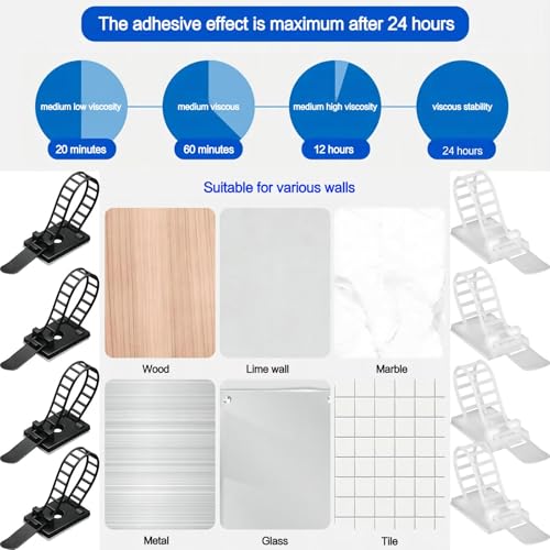 Adjustable Adhesive Cable Management Clips 50Pcs, Large self Adhesive Cable Ties Clips ，Suitable for Cable Management Under desks and on Walls(Black) - color: Black
