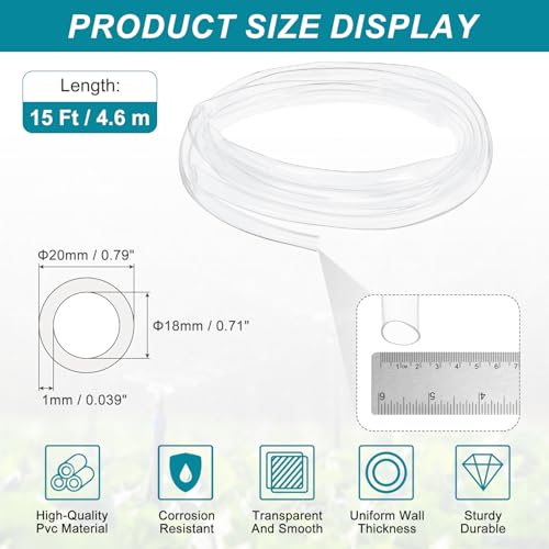 uxcell Clear PVC Tubing, 18mm ID x 20mm OD - 15ft PVC Tube Lightweight Vinyl Hose, Transparent Flexible Plastic Water Tubing for Air Oil Water Transfer Aquarium Irrigation - size: 18mm ID x 20mm OD
