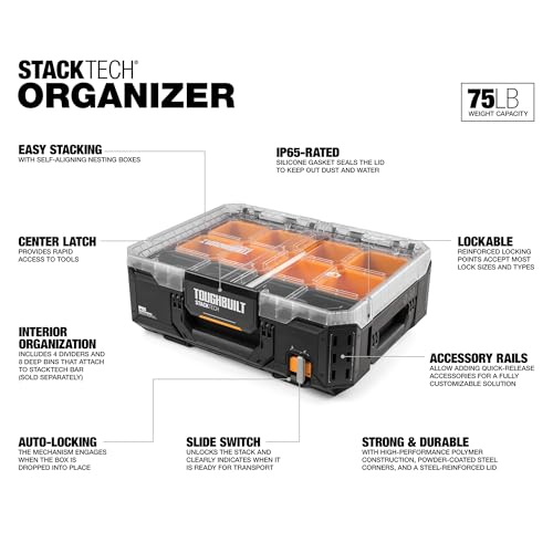 ToughBuilt – StackTech Storage Organizer, Clear-Top Modular Tool Box with Auto-Locking System, IP65 Protection & Customizable Bins (TB-B1-O-30) - size: Standard