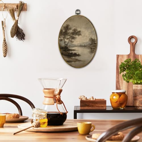 XFCICRLJ Vintage Antique Landscape Wall Art Decor, Rustic Farmhouse Oval Canvas Prints Framed, Neutral Country Lake Landscape Wall Art Decorations for Home Bedroom Living Room Decor, 11x8.5 Inch - color: Scenery