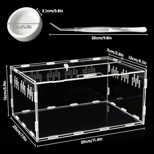 Acrylic Reptile Terrarium, Tarantula Enclosure with Magnetic Door, Easy-Clean Reptile Tank for Spider, Insect, Gecko, Mantis, Frog, Snail, Isopods- 11.4" X 7.8" X 5.9"(Tweezer and Bowl Included) - size: Basic Horizontal - Kit