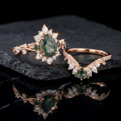 Natural Moss Agate Engagement Ring Set for Women, Unique Genuine Moss Agate Ring, 925 Sterling Silver 10K 14K 18K Solid Gold Nature Inspired Bridal Set, Boho Wedding Jewelry Gift - color: Nine