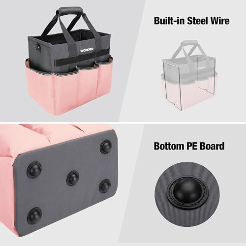 WORKPRO Garden Tool Bag, Heavy Duty Gardening Tote Bag Organizer with 10 Pockets and Long Adjustable Shoulder Strap, Standable Garden Home Tool Kits Organizer, Pink - color: Pink