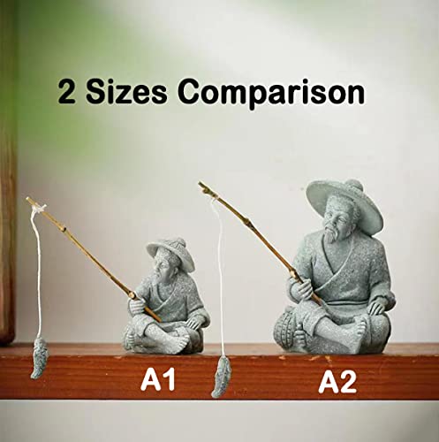 livelyfish Mini Fisherman Statue Asian Zen Decoration Sitting Fishing Figurines Sandstone Vintage Ornament for Aquarium Fish Tank Pot Garden Home Japanese Decor (A2) - color: A2